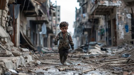 A young child navigates debris-strewn streets in an abandoned, war-affected urban environment