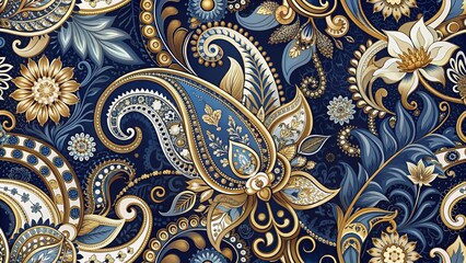 Elegant seamless pattern combines intricate paisley and floral motifs in a rich blue, gold, and white color palette, creating a luxurious and sophisticated design.