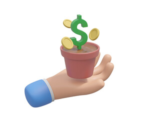 3D illustration showing the hands of a businessman with a dollar tree and coins floating above, isolated on transparent background. Financial growth ideas and investment opportunities and wealth