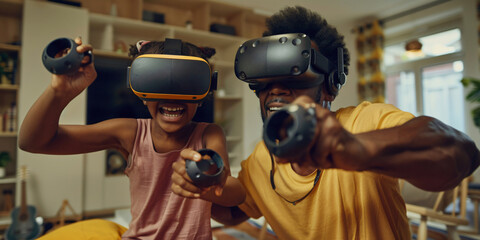 A father and daughter are both wearing VR headsets and holding controllers, excitedly playing a virtual reality game together at home.