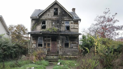 An old, neglected Victorian house stands dilapidated, surrounded by wild plants and broken windows under a grey sky