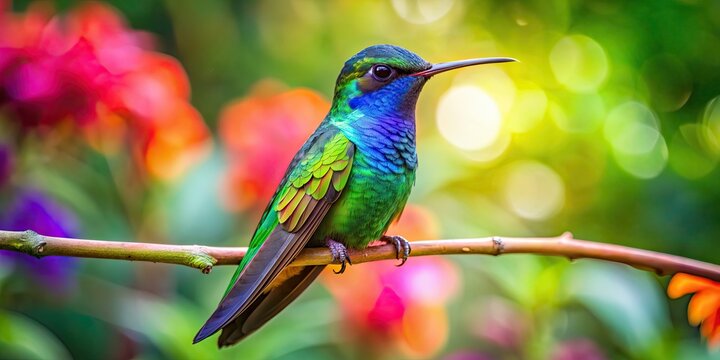 Vibrant hummingbird perched on lush tropical branch in garden, hummingbird, vibrant, tropical, garden, branch, lush, colorful