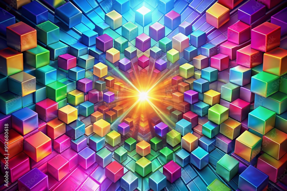 Poster vibrant geometric abstract pattern featuring colorful 3d cubes with gradient design, radiating dynam