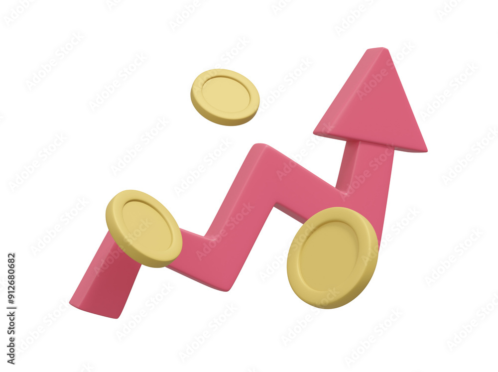 Poster 3d rendered illustration with an arrow icon pointing up to a coin representing increasing income and