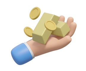 3D rendered illustration with gold bars and coins icons placed on a businessman's palm, Isolated on a transparent backgr Wealth and investment concepts  and holding high value assets stable investment