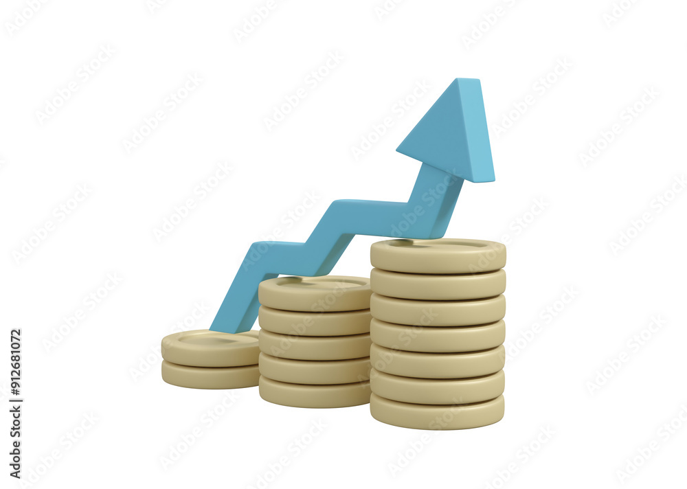 Poster 3d illustration with an arrow icon pointing to a coin representing increased revenue and profit isol