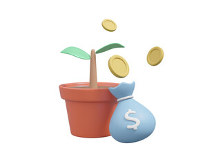 3D visualization of a money bag with a potted plant with green leaves and coins floating on top, concept of growth, investment and wealth accumulation Isolated on a transparent background.