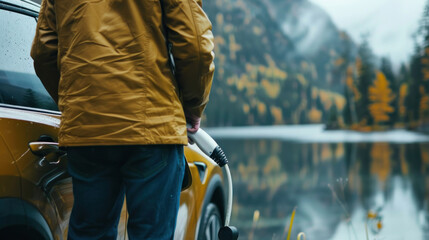 Fototapeta premium Close-up of an electric car charging port, man using a white power cable, with a scenic nature background