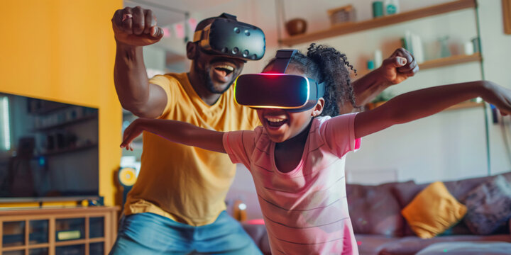 A father and his daughter enjoy a fun, interactive gaming experience together. - Powered by Adobe