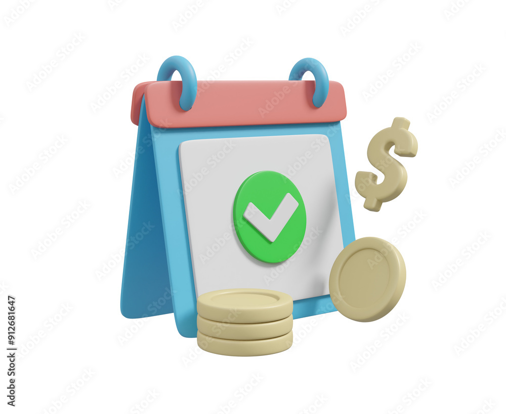 Poster 3d illustration combining calendar icons check mark and the dollar coin isolated on a transparent ba