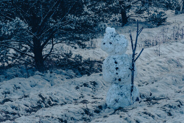 A lonely snowman in the dark, dark, very cool blue light, portrait of a snowman, creative phote, cool light, blue, horror