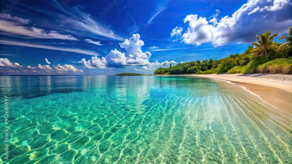 Poster Serene beach with crystal clear waters, beach, ocean, sea, calm, tranquil, peaceful, paradise, vacation, relaxation, scenic