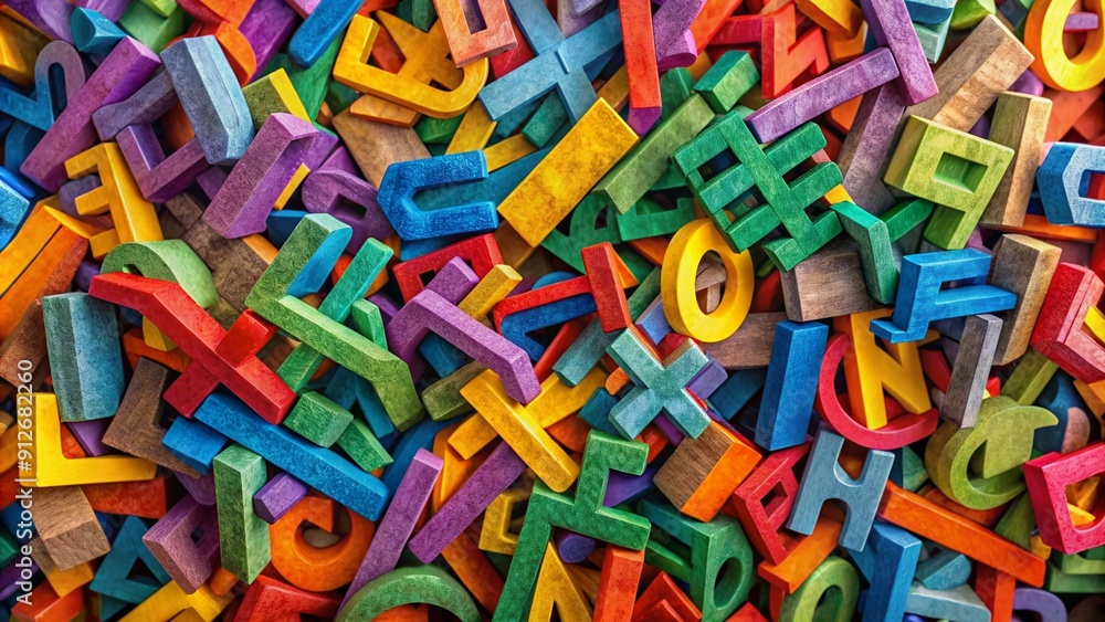 Poster vibrant letterpress letters scattered randomly, overlapping and layered, creating a colorful, textur