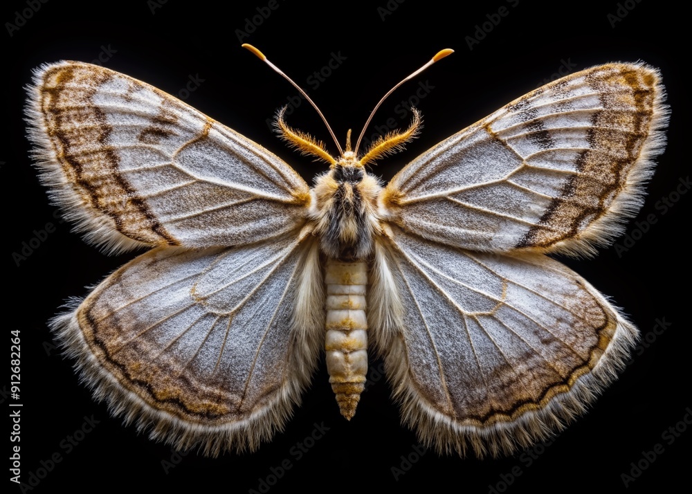 Poster serene macro view of a delicate moth against a black backdrop, highlighting the intricate patterns a