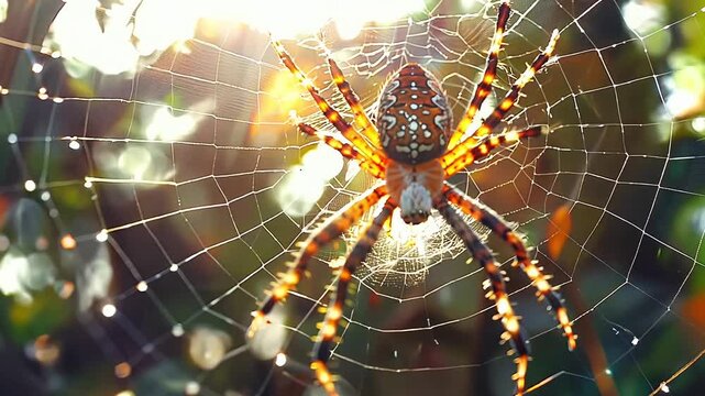 brown white spider sitting on a web in sunny autumn day