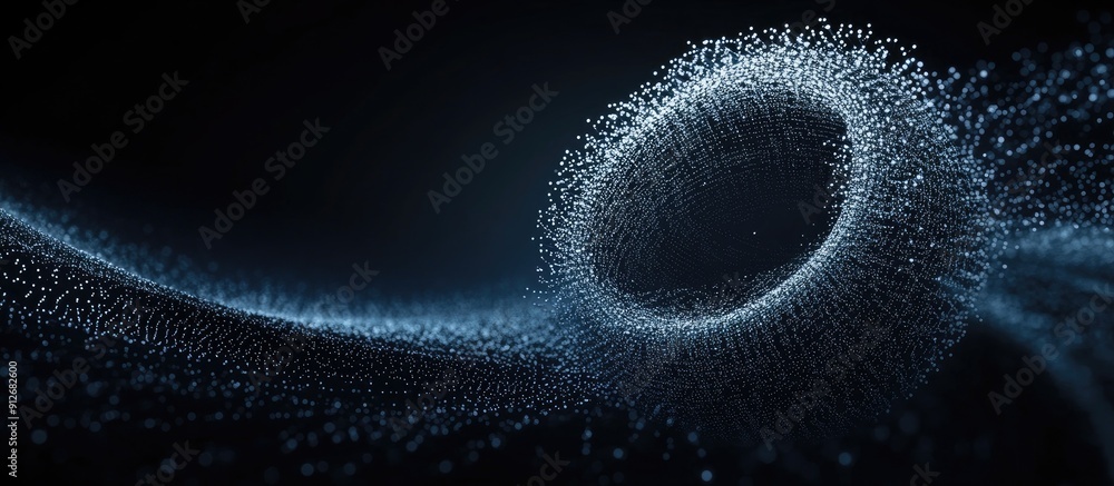 Poster futuristic torn sphere created from a stream of particles abstract radial halftone dot background 3d