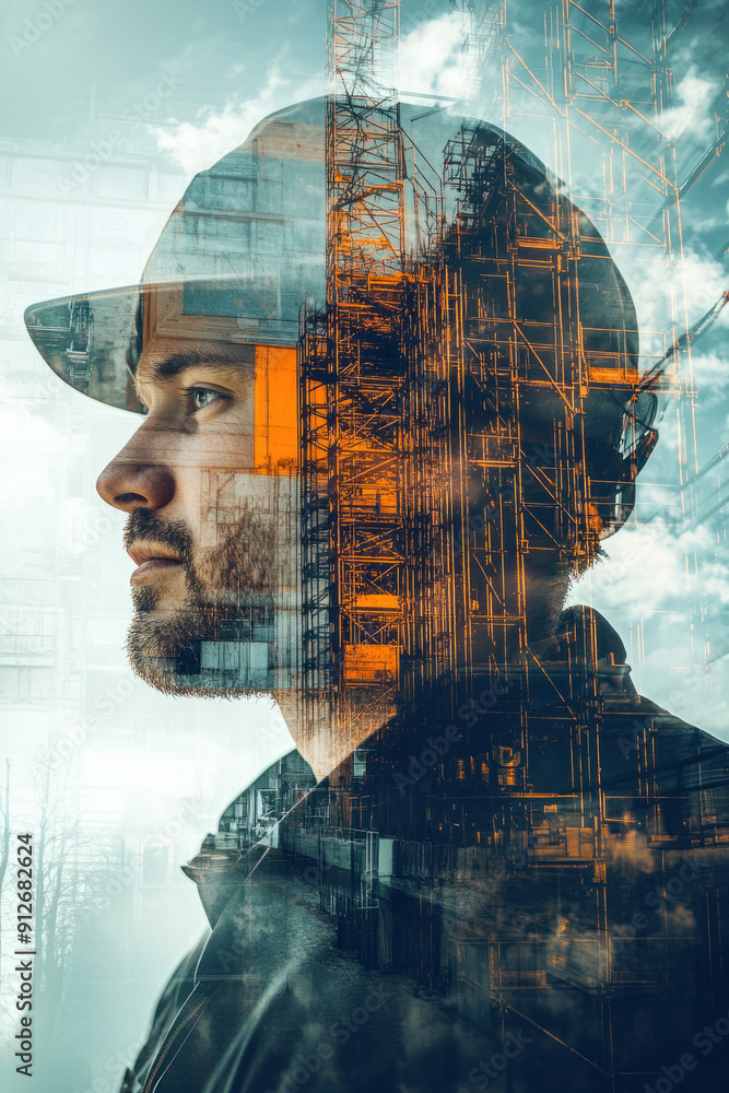 Poster engineering, a dedicated male engineer is prominently featured with a double exposure of concrete st