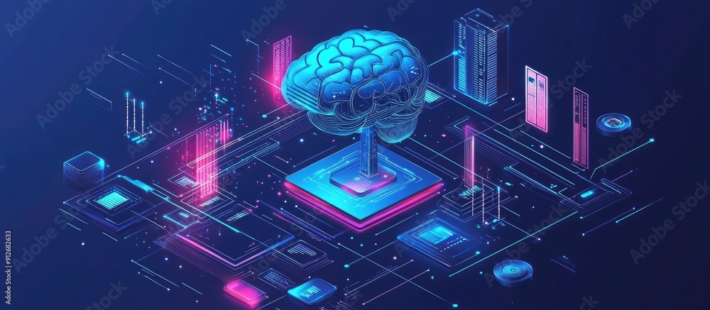 Poster isometric illustration of artificial intelligence in business futuristic technology and engineering 