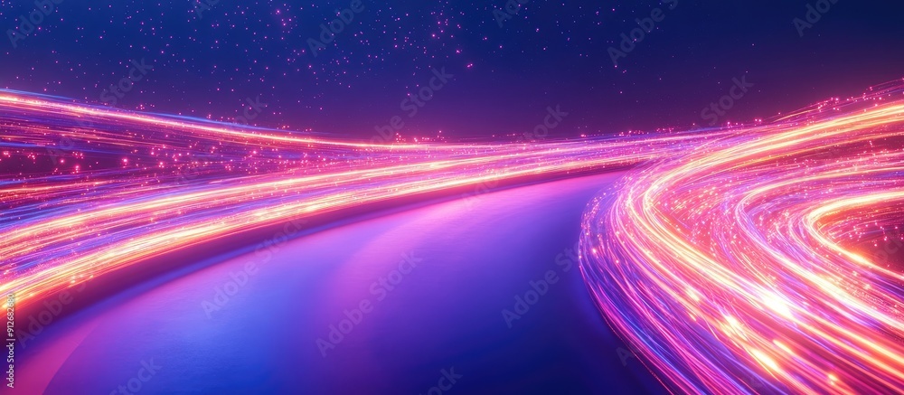 Poster vibrant 3d render of neon light trails on dark background abstract motion curve representing speed a