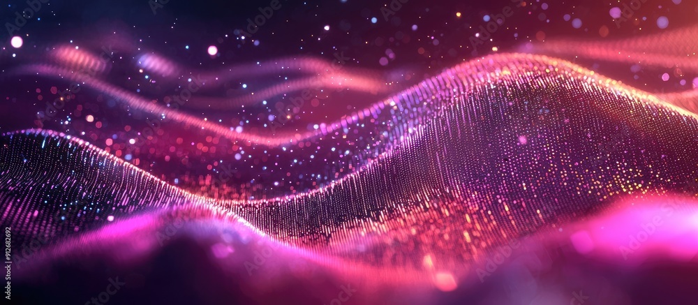 Poster dynamic wave of particles in an abstract gradient hologram background featuring digital technology a