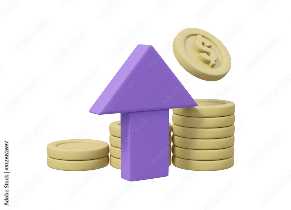 Poster 3d illustration with up arrow icon and dollar coin isolated on a transparent background. it symboliz