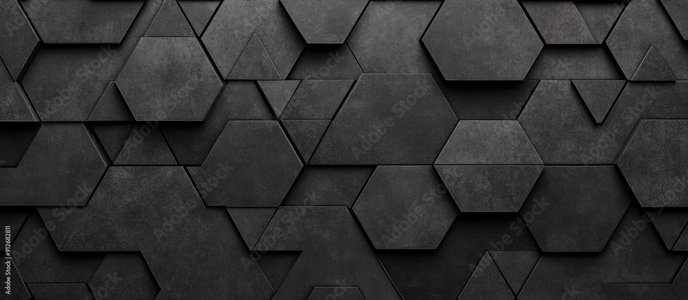 Poster geometric cubes abstract tile and mosaic design black and gray hexagonal background with vintage tri