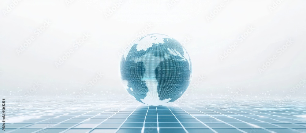Poster dynamic numerical display and rotating globe on a grid network with a white backdrop concept of glob