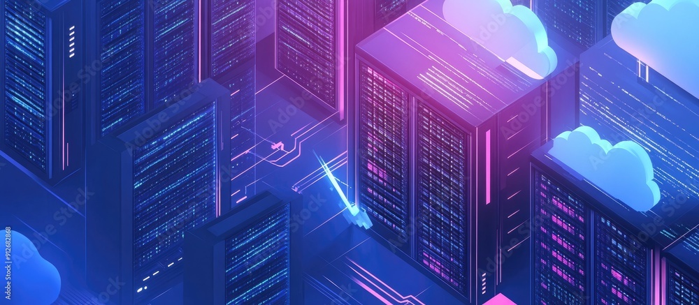 Poster isometric data center illustration featuring servers and cloud computing for big data analytics