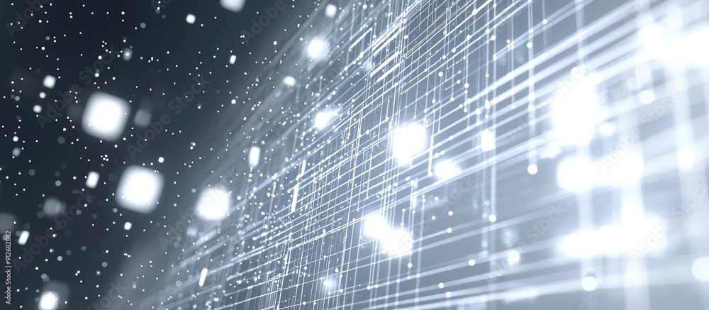 Poster futuristic grid design with white particles on a sleek gray background representing advanced busines
