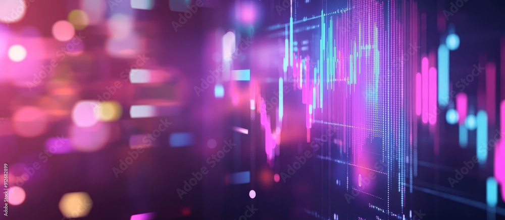 Poster vibrant holographic marketing display featuring forex chart on a blurred purple background with mock