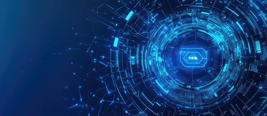 Obraz premium Digital AI concept with circular interface on a blue background showcasing modern high tech design and ample copy space