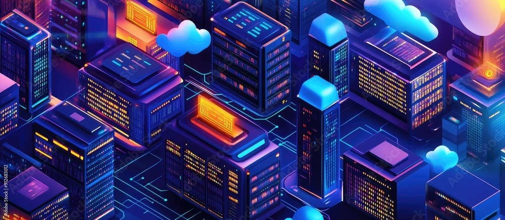 Poster isometric data center illustration featuring servers and cloud computing for big data analytics