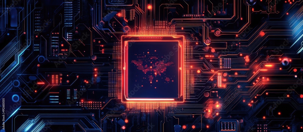 Poster microchip design featuring central processing unit with country outline tech inspired illustration o