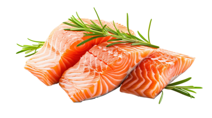Fresh raw salmon fish fillets steaks with rosemary sprigs isolated on transparent background 
