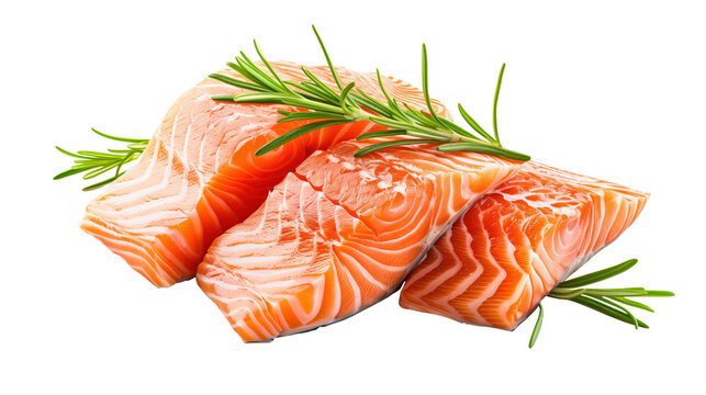 Fresh raw salmon fish fillets steaks with rosemary sprigs isolated on transparent background 
 - Powered by Adobe