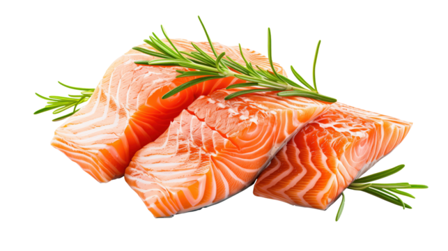 Fresh raw salmon fish fillets steaks with rosemary sprigs isolated on transparent background 
