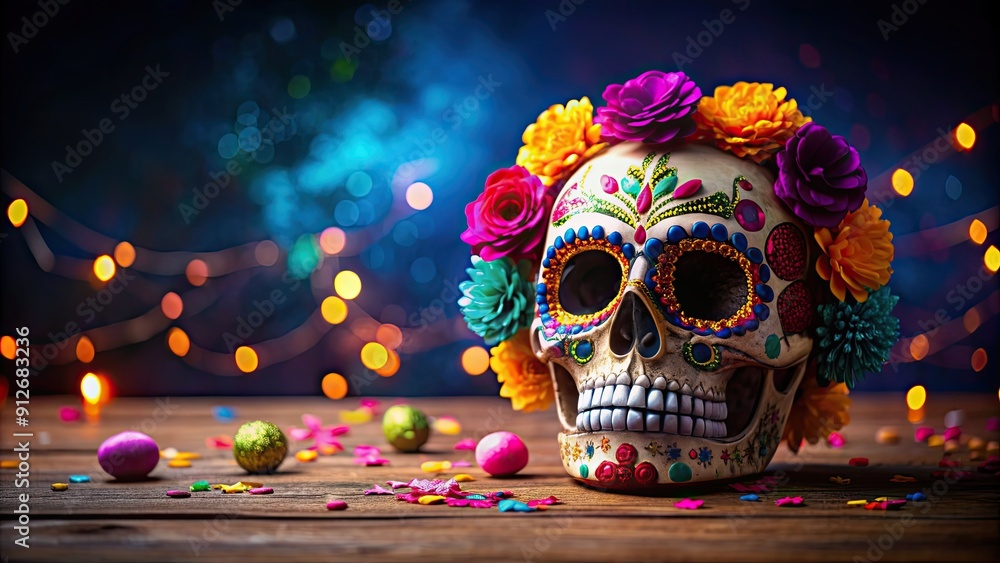 Sticker Festive Dia De Muertos skull with colorful decorations on empty background, Day of the Dead, Dia De Muertos, festival