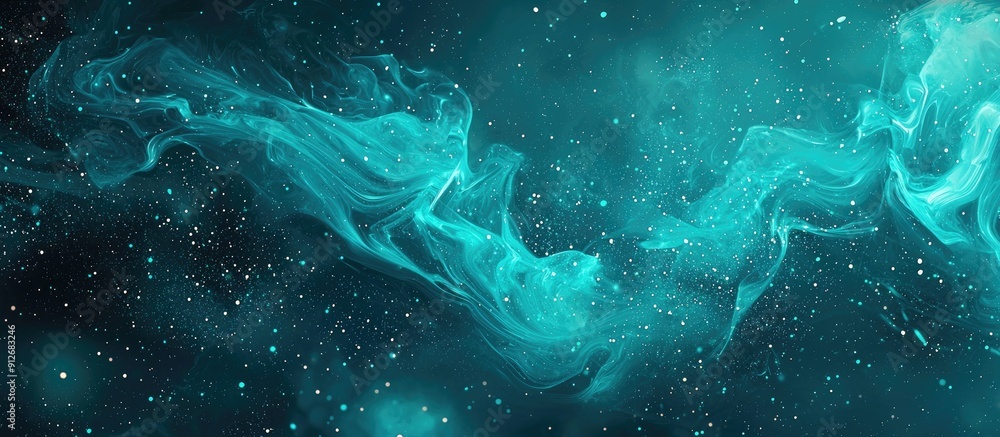Poster teal abstract background with flowing particles