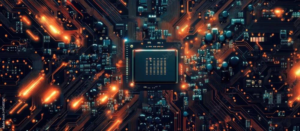 Poster digital circuit board background featuring central processors and motherboard technology