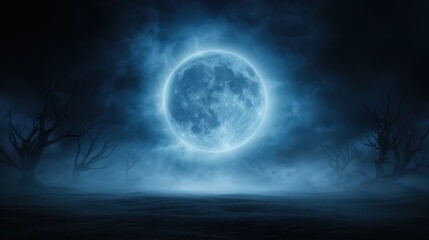 A haunted forest clearing with gnarled trees forming ominous shapes in the moonlight