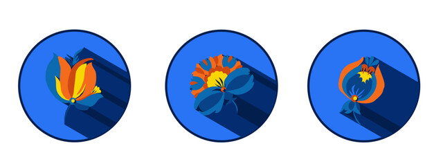 Flower logo with shadows. Traditional Ukrainian painting of Petrykivka. Elements of blue and yellow floral ornament. Decorative vector illustration.