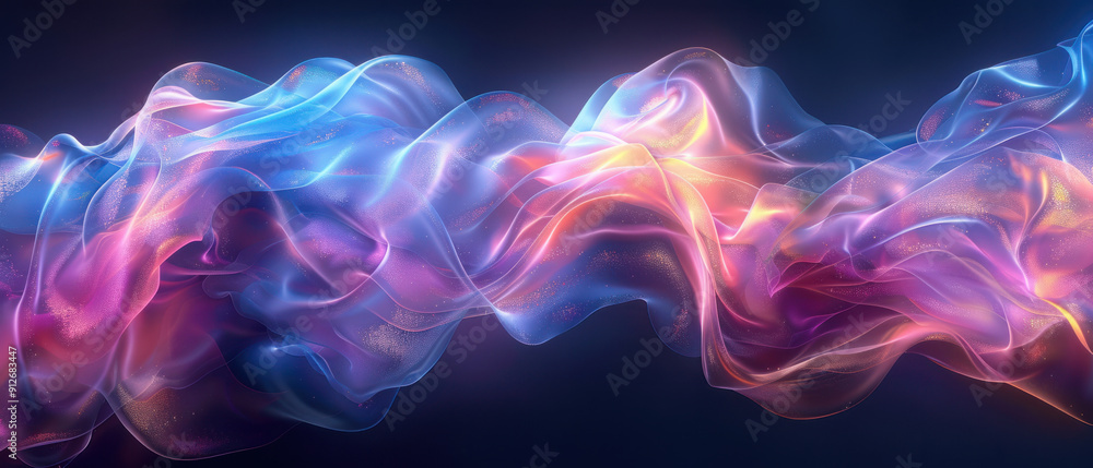 Poster abstract background, the central focus is a translucent iridescent swirling shape that captivates wi