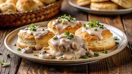 Flaky biscuits smothered in savory sausage gravy , breakfast, comfort food, southern, delicious, homemade, American cuisine