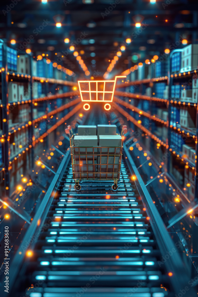 Poster smart warehouse logistic, dynamic scene of a conveyor system transporting neatly arranged boxes in a