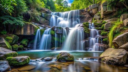 Obraz premium Waterfall cascading down rocks creating a serene and refreshing atmosphere, Nature, landscape, water, flow, cascade, rocks
