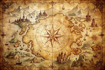 Vintage-inspired hand-drawn map of a mystical realm on a distressed parchment background, featuring a decorative compass rose, scale bar, and intricately rendered fantastical landmarks.