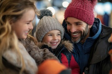 A happy family embraces the winter holiday spirit at a bustling Christmas market, smiling and bundled up in cozy winter clothes, engulfed in festive joy.