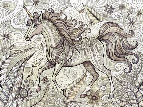 Intricate hand-drawn zen-tangle horse sketch with fantastic unicorn elements, swirling patterns, and botanical details, ideal for relaxation and coloring enthusiasts, in vector illustration format.