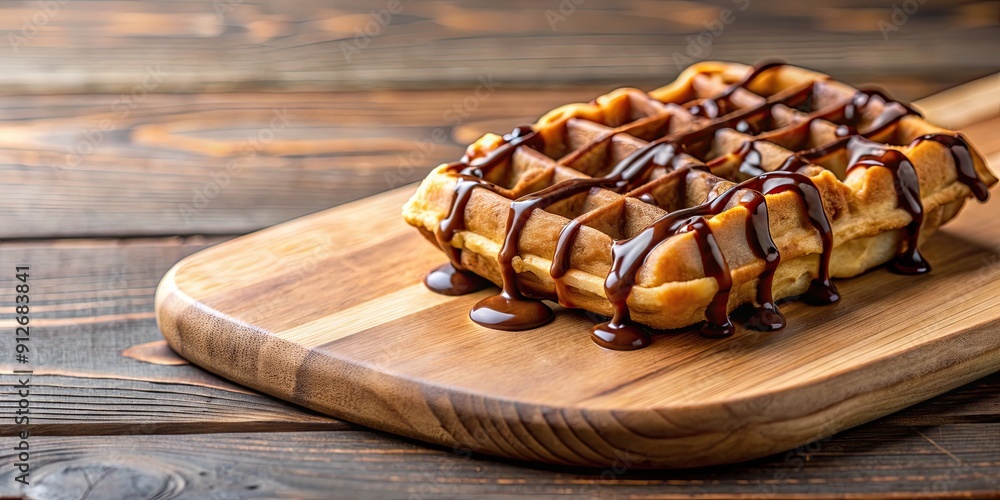 Poster Croissant waffle topped with chocolate sauce on a wooden board, Croffle, croissant, waffle, chocolate, sauce, dessert, breakfast