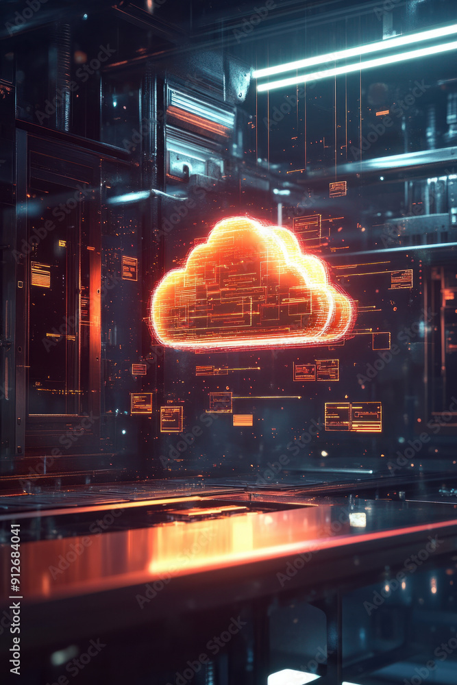 Poster cloud file integration, holographic cloud file interface showcasing vibrant data streams, glowing in